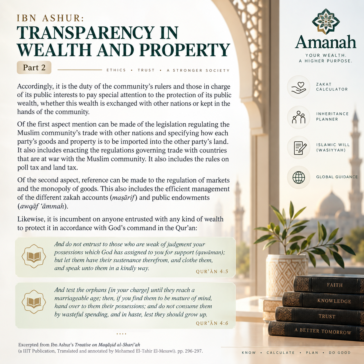 Transparency in Wealth & Property · Part 2 — Rulers and guardians must protect public wealth — regulating trade, markets, zakat accounts (maṣārif) and public endowments (awqāf ʿāmmah), and safeguarding what is entrusted (Qur’an 4:5, 4:6).