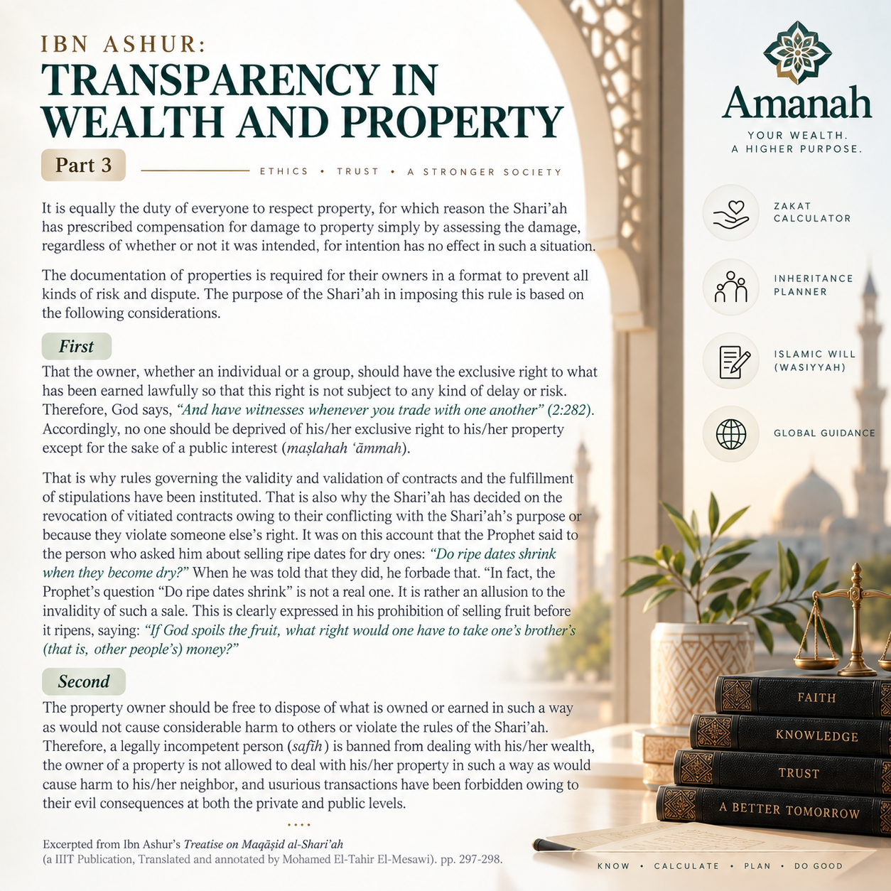 Transparency in Wealth & Property · Part 3 — Documenting property, honouring exclusive lawful ownership (Qur’an 2:282) and disposing of wealth without harming others — the Shari’ah’s twin safeguards for property rights.